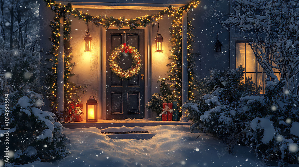 snowy outdoor Christmas scene with a glowing lantern on a decorated porch, pine garlands, and a welcoming wreath on the door