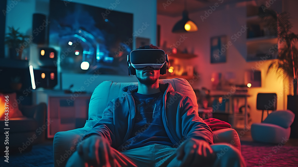 shot of a person wearing a virtual reality headset, immersed in a game, with electronic devices scattered in the background of a modern living space shot of a person wearing a virtual reality headset, immersed in a game, with electronic devices scattered in the background of a modern living space
