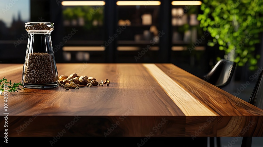 Dining room with wooden table, modern chairs, nuts, salt, and pepper. Minimalist design with concrete floor.. Dining room with wooden table, modern chairs, nuts, salt, and pepper. Minimalist design with concrete floor..