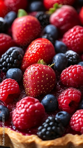 Close-up of a fruit tart with fresh strawberries, raspberries, blueberries, and blackberries on top of a red fruit filling.