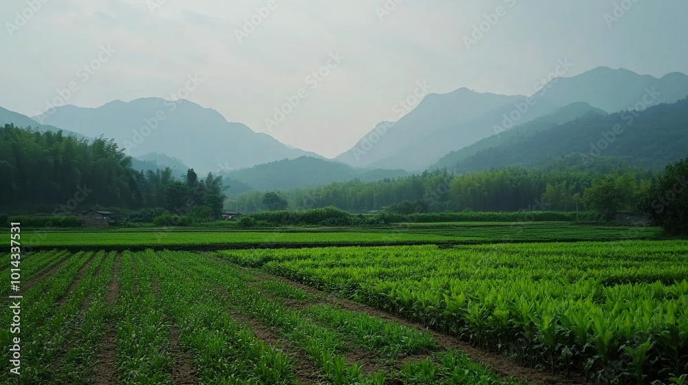 Fototapeta premium Serene Green Landscape with Rolling Hills and Farmland
