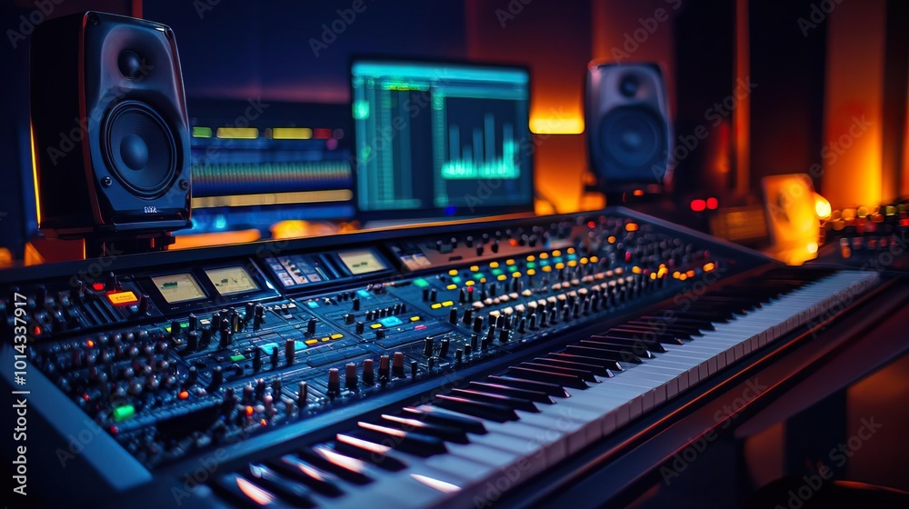 Modern music studio control desk showcasing a DAW user interface with playing songs and professional equipment.. Modern music studio control desk showcasing a DAW user interface with playing songs and professional equipment..