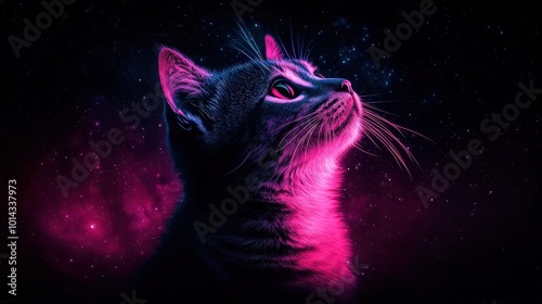 Neon Cat in Space Mystical Galaxy Artwork