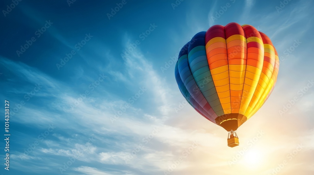 Fototapeta premium A hot air balloon floating in the sky during golden hour, with the sunlight illuminating the vibrant colors of the balloon as it drifts peacefully