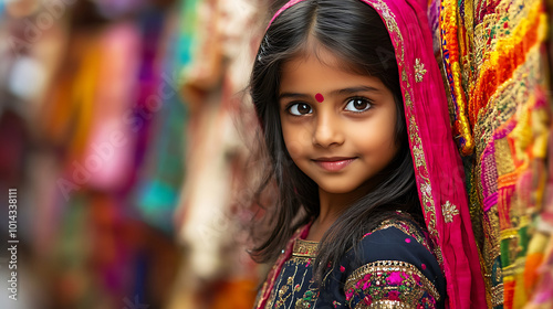 young Indian girl in traditional attire, standing against the backdrop of a vibrant, colorful market, her eyes filled with curiosity