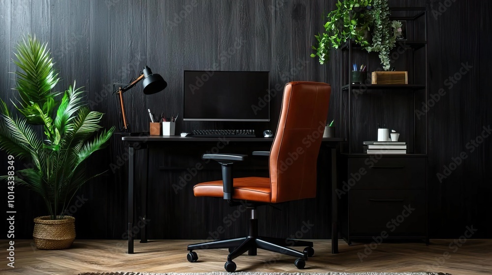 Masculine workspace with black industrial desk, leather armchair, PC, and stylish accessories. Modern home office.. Masculine workspace with black industrial desk, leather armchair, PC, and stylish accessories. Modern home office..