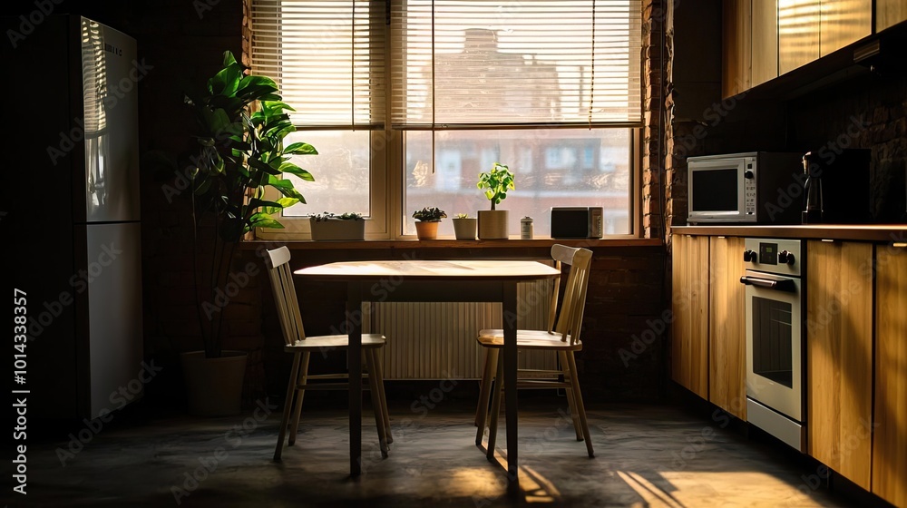 The front view of a kitchen table and TV set highlights a cozy home environment.. The front view of a kitchen table and TV set highlights a cozy home environment..