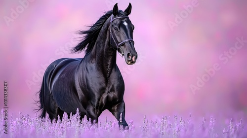 A stunning black horse gallops through a vibrant lavender field, showcasing grace and beauty amid a soft, colorful background. Perfect for nature lovers.