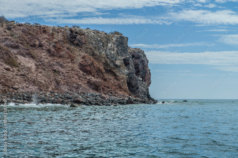 Fototapeta premium Navigating the rocky mountain formations on CORONADO Island in Loreto Baja California Sur. Natural landscapes, seascapes and geology of MEXICO.