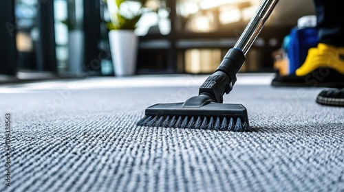 Wallpaper Mural A janitor diligently cleans a carpet, ensuring a tidy and welcoming environment.. Torontodigital.ca
