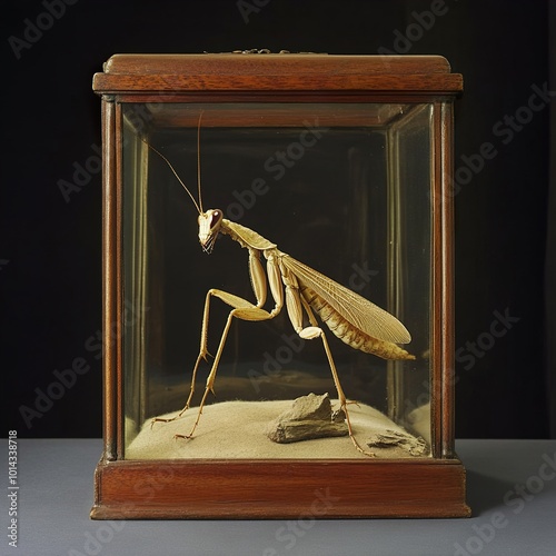 Taxidermied Praying Mantis in Glass Case - Vintage Entomology Specimen