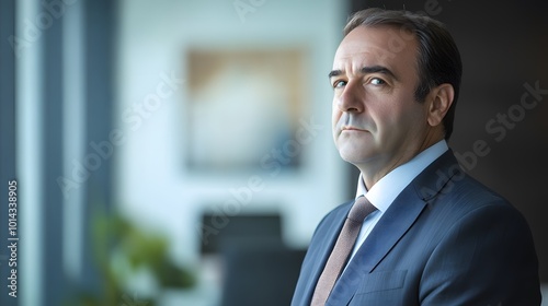 A Serious Middle-Aged Man in a Blue Suit, Looking Pensively Out a Window