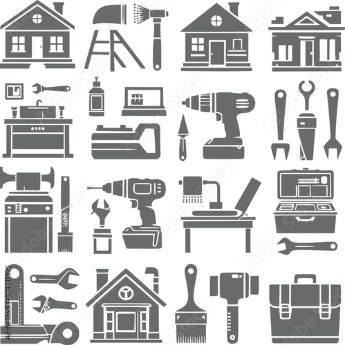 Construction Engineering tools items icons set Working tools technology silhouette vector art stock image photo generated Ai photo