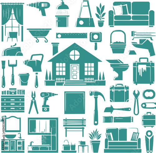 Construction Engineering tools items icons set blue vector art stock image photo generated Ai