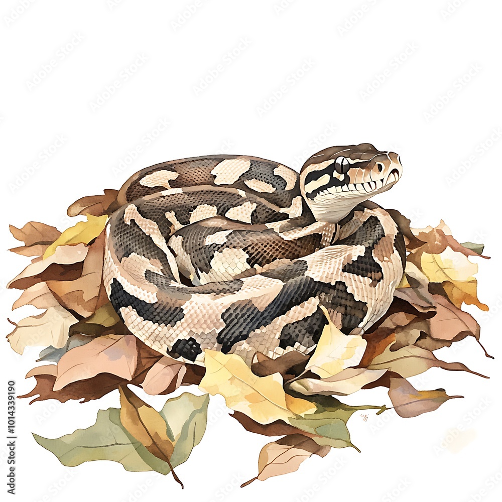 Obraz premium Python Snake Resting on Autumn Leaves Watercolor Illustration.