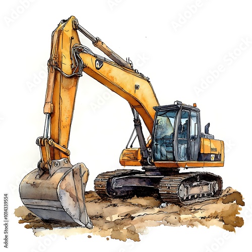 Yellow Excavator Watercolor Illustration.