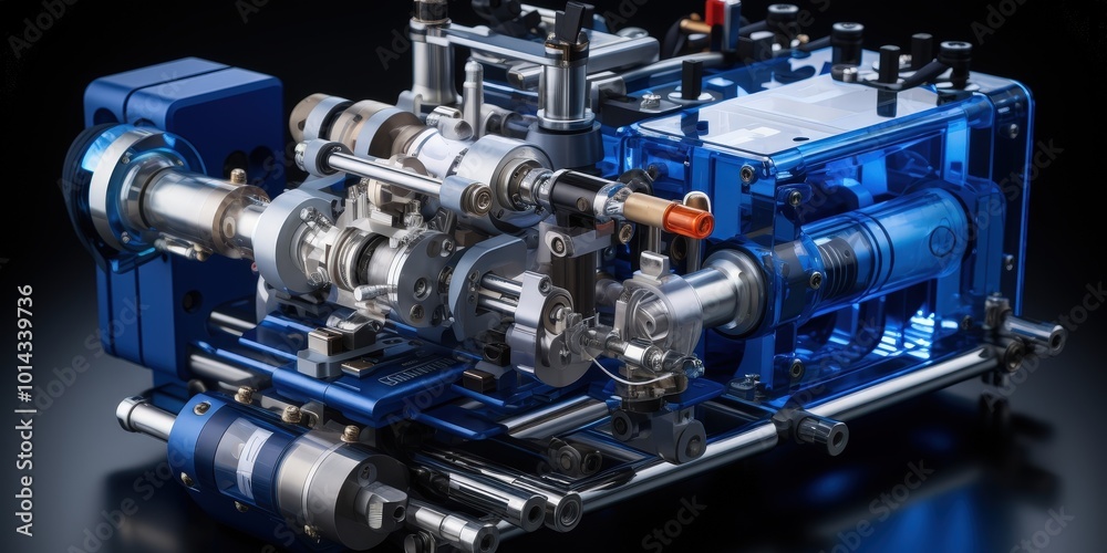 A complex, intricate machine with a transparent blue housing and a silver metallic frame, showcasing the intricate workings of a sophisticated technological system. A complex, intricate machine with a transparent blue housing and a silver metallic frame, showcasing the intricate workings of a sophisticated technological system.