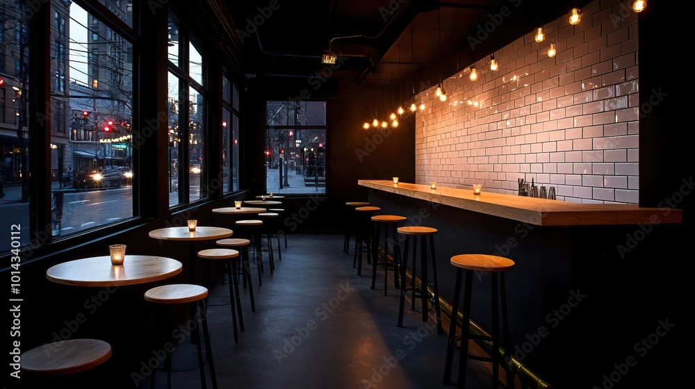 A side view of a stylish bar features tables, inviting a social atmosphere for guests.. A side view of a stylish bar features tables, inviting a social atmosphere for guests..