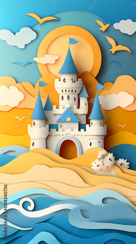 Naklejka premium Paper art summer beach background with sand castle in sunset time view paper cut style vector