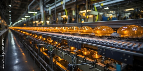 A row of glowing amber orbs moves along a conveyor belt in a modern industrial setting.