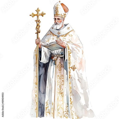 Watercolor Illustration of a Priest Holding a Cross and Book.