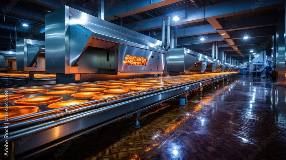 A glimpse into the heart of a modern industrial bakery, showcasing the automated production line where golden pastries move along a gleaming conveyor belt, ready to be enjoyed by consumers. A glimpse into the heart of a modern industrial bakery, showcasing the automated production line where golden pastries move along a gleaming conveyor belt, ready to be enjoyed by consumers.