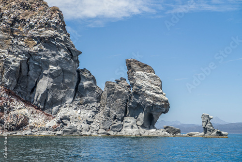 Navigating the rocky mountain formations on CORONADO Island in Loreto Baja California Sur. Natural landscapes, seascapes and geology of MEXICO.