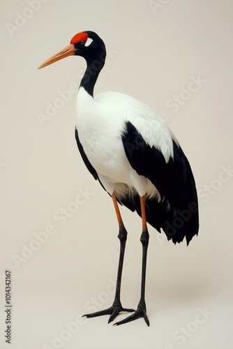 A stunning profile of an elegant crane showcasing its black and white feathers, complemented by a distinctive red crown. Ideal for wildlife themes. photo