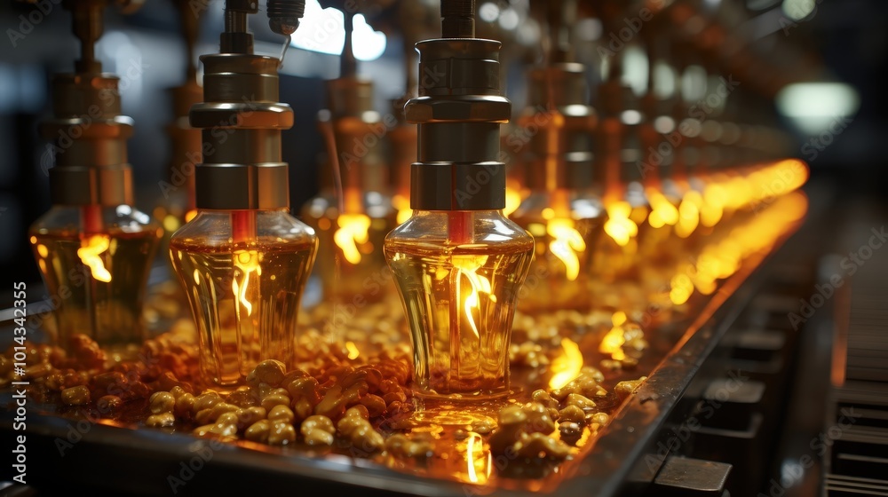 A row of glass bottles filled with a glowing liquid on a metal conveyor belt, each bottle surrounded by small brown nuts A row of glass bottles filled with a glowing liquid on a metal conveyor belt, each bottle surrounded by small brown nuts