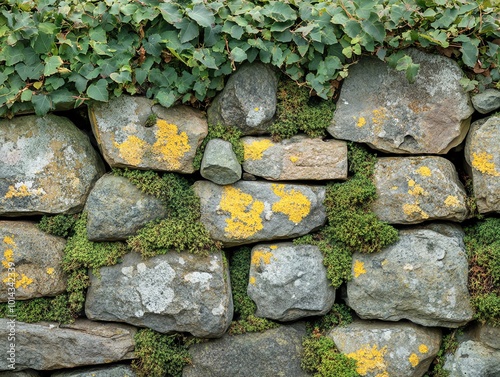 Closeup of a weathered stone wall covered in moss and lichen. photo