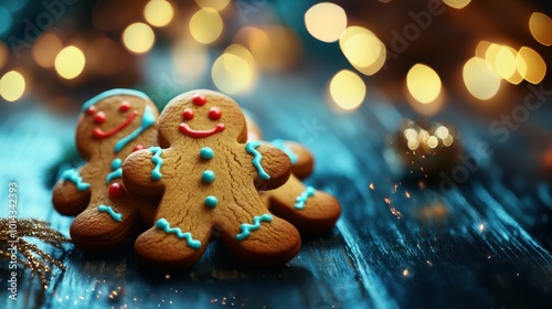 Gingerbread men cookies with colorful icing, sitting on a wooden table with a deep navy background and glowing Christmas bokeh, copy space, Merry Christmas background, festive cookie display