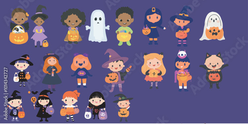 Illustrations of children in various cute and creative Halloween costumes. Each character is in a simple yet attractive vector art style. There are little children dressed as vampires, witches, ghosts