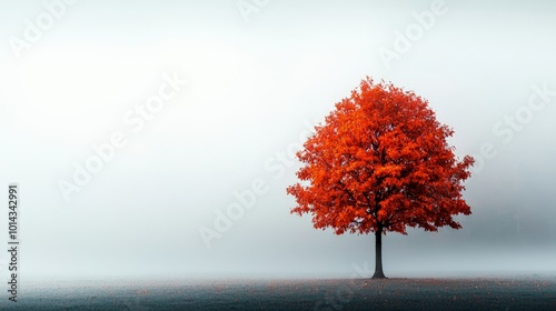 A lone tree in the middle of a foggy field, its vibrant autumn leaves standing out against the muted colors of the overcast sky photo