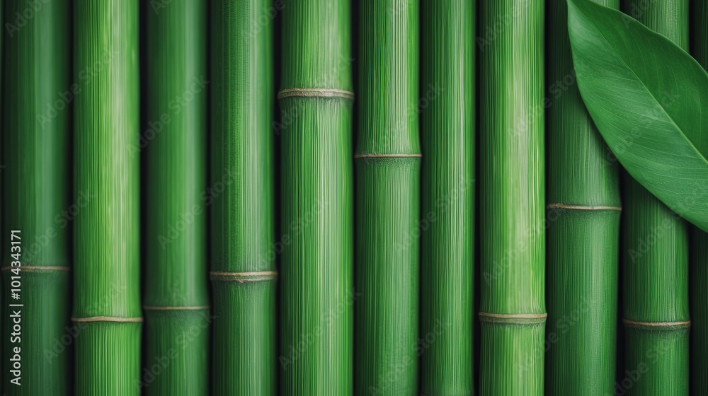 Obraz premium Green Bamboo Texture Background with Single Leaf