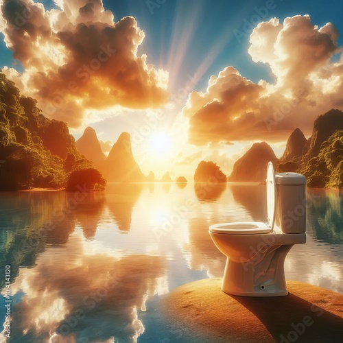 Luminous Lagoon A toilet set amidst a serene natural landscape f photo