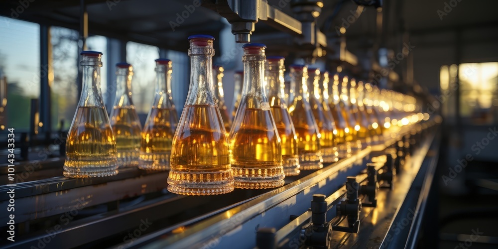 Bottles of golden liquid move along a conveyor belt towards the setting sun, symbolizing the automation of production and the cycle of manufacturing Bottles of golden liquid move along a conveyor belt towards the setting sun, symbolizing the automation of production and the cycle of manufacturing
