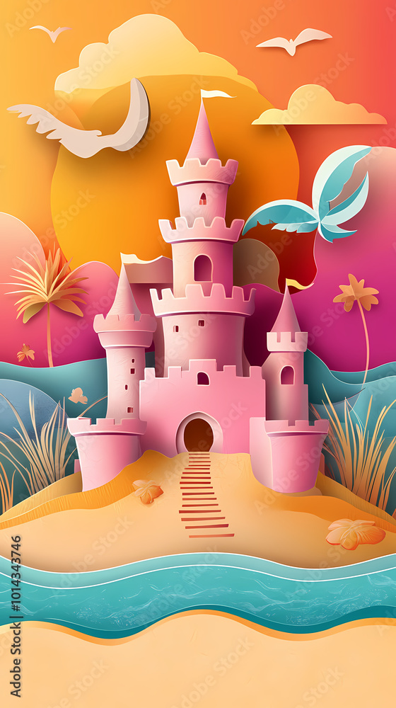 Paper art summer beach background with sand castle in sunset time view paper cut style vector Paper art summer beach background with sand castle in sunset time view paper cut style vector
