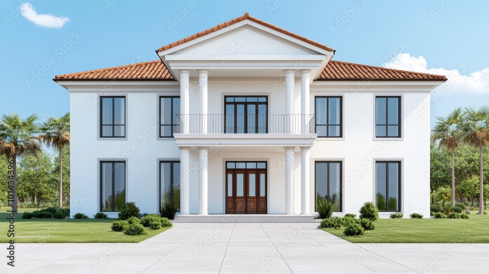 Luxury White Mansion with Columns and Palm Trees Luxury White Mansion with Columns and Palm Trees