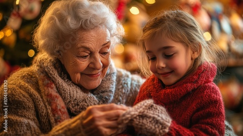 A joyful grandmother and her granddaughter are smiling together, surrounded by Christmas gifts, capturing the warmth and love of family during the winter season