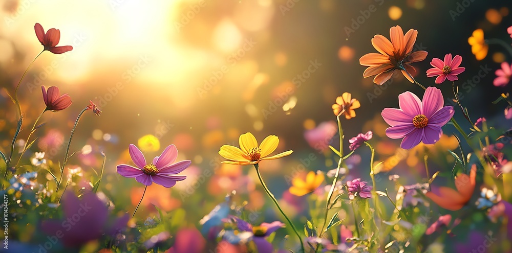 Obraz premium Colorful flowers bloom in a field with a soft, golden light shining through.