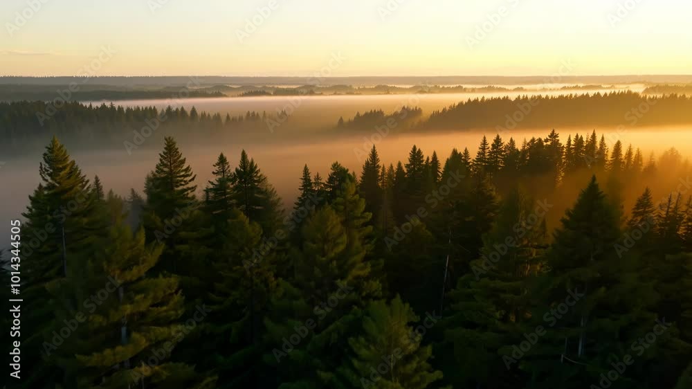 A dense forest stretches across rolling hills shrouded in the soft glow of early morning mist. The sun rises over the horizon casting a golden hue on the tops of the trees A dense forest stretches across rolling hills shrouded in the soft glow of early morning mist. The sun rises over the horizon casting a golden hue on the tops of the trees