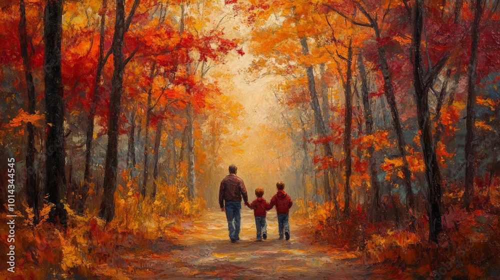 A family walking through a forest, surrounded by trees with brilliant fall foliage, enjoying the crisp November air A family walking through a forest, surrounded by trees with brilliant fall foliage, enjoying the crisp November air