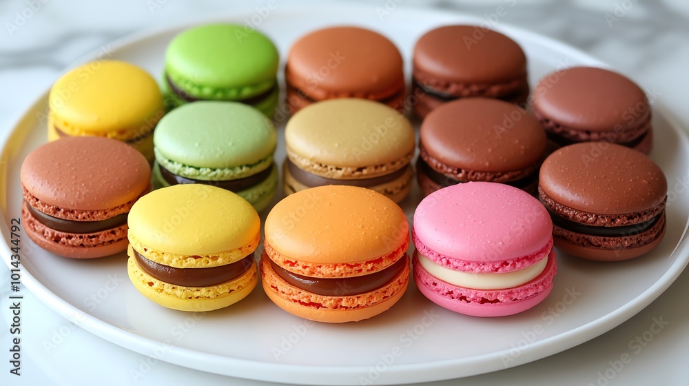 Obraz premium Colorful macarons on a white plate.