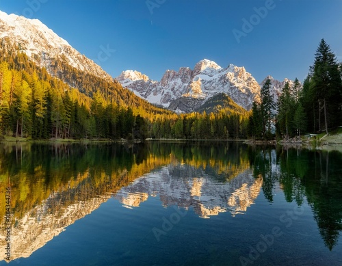 Crystal Clear Alpine Lake Reflecting Towering Snow-Capped Peaks and Dense Pine Forests, With the Early Morning Sunlight Casting a Golden Glow Across the Water