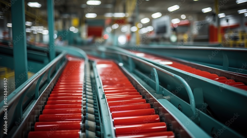 A close-up view of a conveyor belt system in a factory, with red rollers moving along a teal metal framework, highlighting the seamless flow of production. A close-up view of a conveyor belt system in a factory, with red rollers moving along a teal metal framework, highlighting the seamless flow of production.