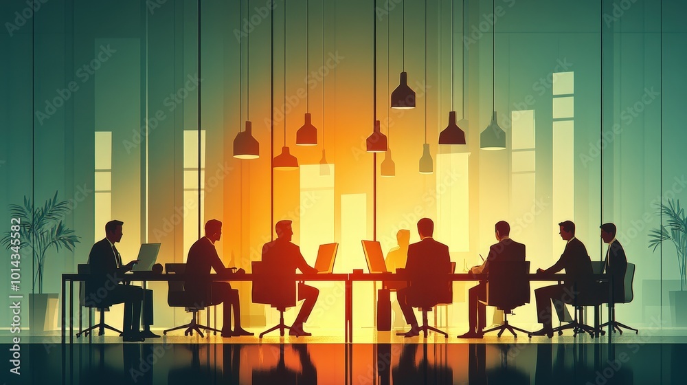 Fun and Playful Business Meeting - Minimalist 2D Illustration with a Vibrant Color Palette Fun and Playful Business Meeting - Minimalist 2D Illustration with a Vibrant Color Palette