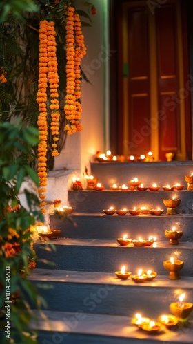 Row of flickering diyas lining the steps of a festive Indian home, with marigolds hanging from the door and fairy lights creating a soft glow. Copy space, happy Diwali background, traditional, Indian  photo