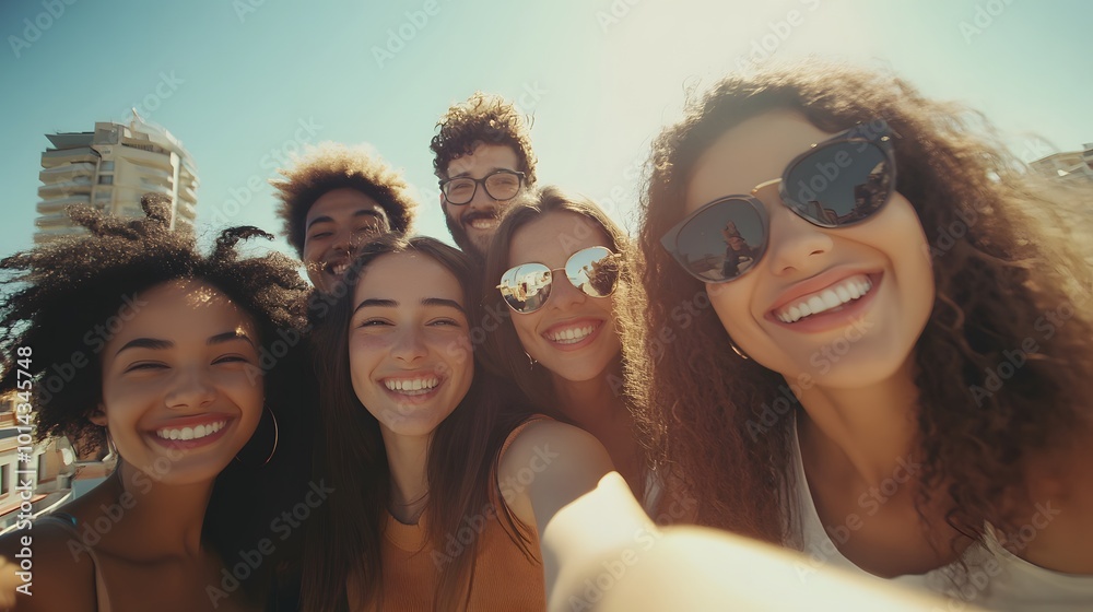 Close-up selfie of smiling diverse group of friends outdoors