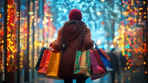 A woman carrying multiple shopping bags with colorful wrapping paper peeking out, in front of a holiday display