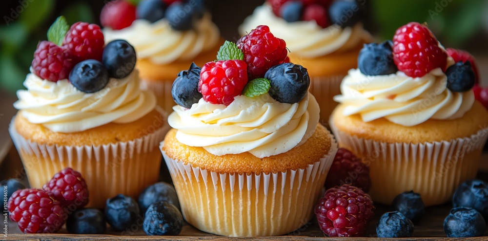 Delicious cupcakes topped with whipped cream and fresh raspberries and blueberries. Delicious cupcakes topped with whipped cream and fresh raspberries and blueberries.